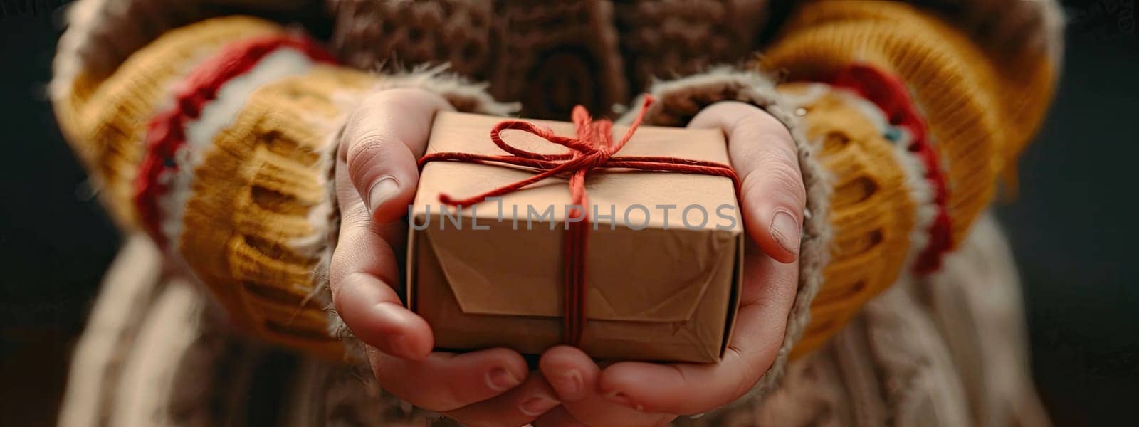 Gift box in the hands of a child. Selective focus. by yanadjana