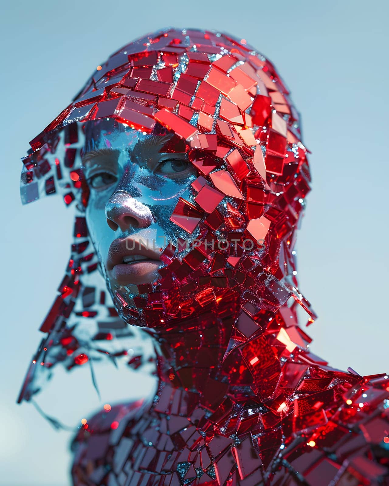 A closeup shot of a human face adorned with red sequins, showcasing intricate patterns and textures. The neck, jaw, and facial hair are accentuated, resembling a sculpture in electric blue and art