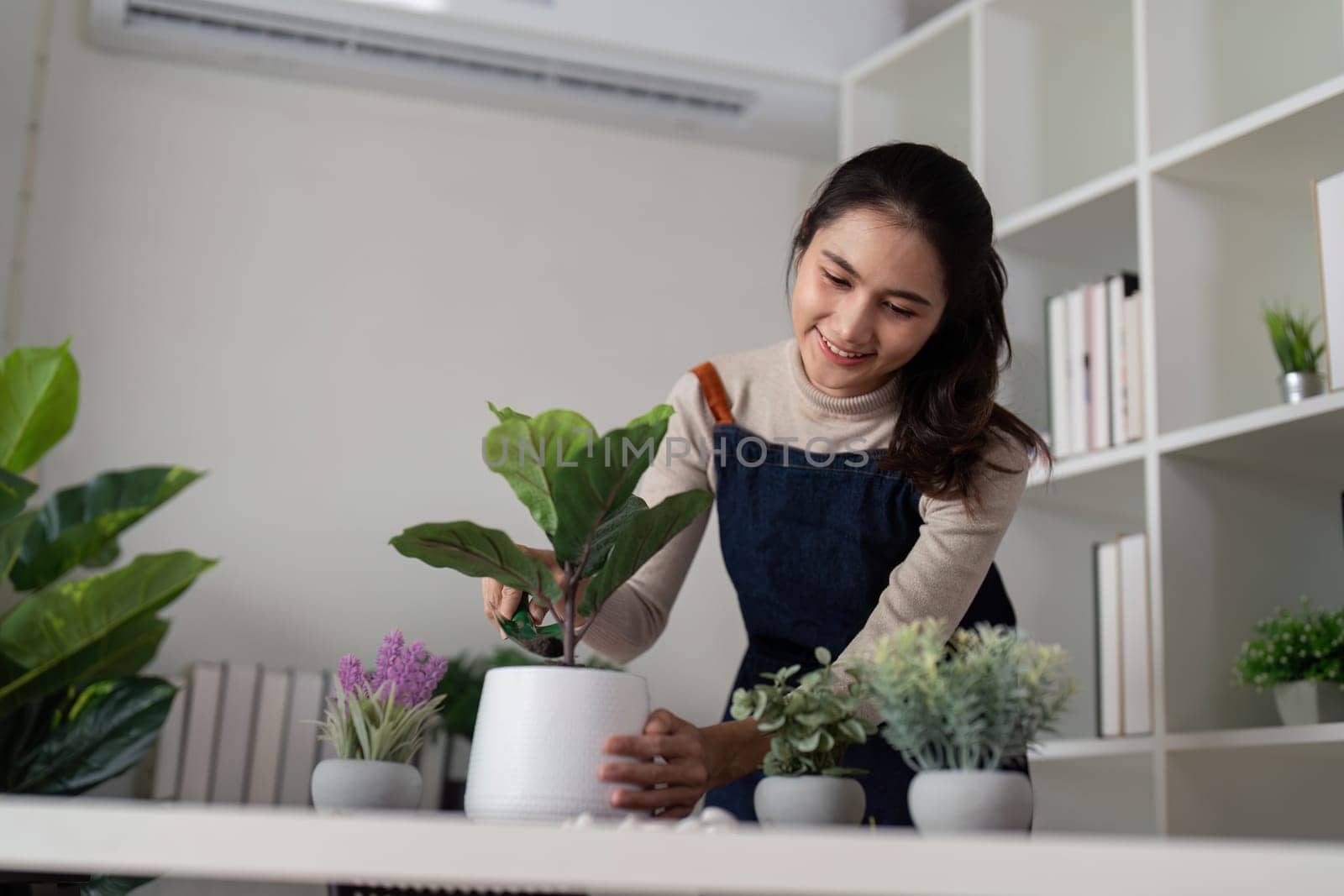 Hobby, asian young woman transplanting in ceramic flower pot, houseplant with dirt or soil on table at home by nateemee