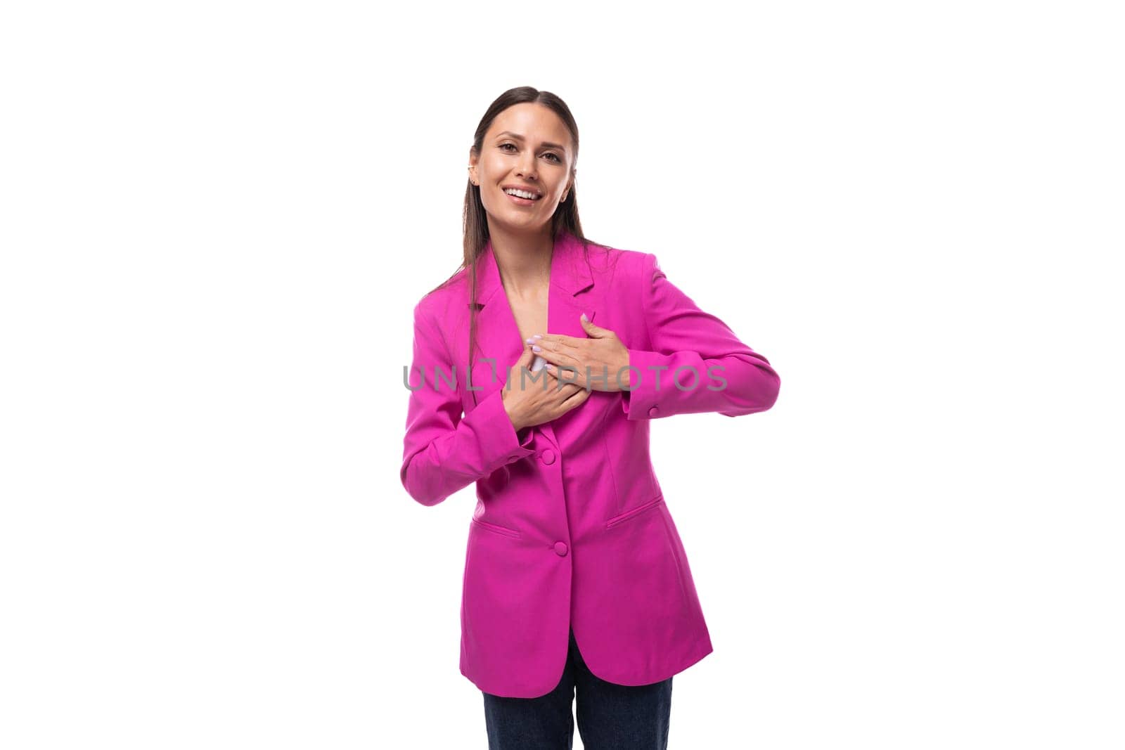 young slender caucasian brunette boss woman wears a lilac jacket by TRMK