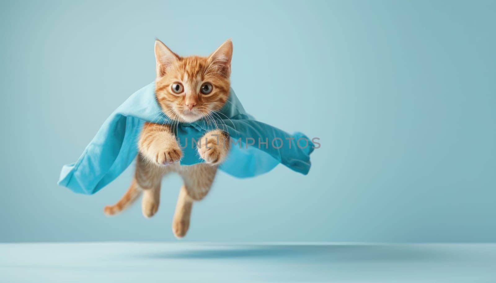 A cat wearing a blue cape and blue mask is flying through the air by AI generated image.