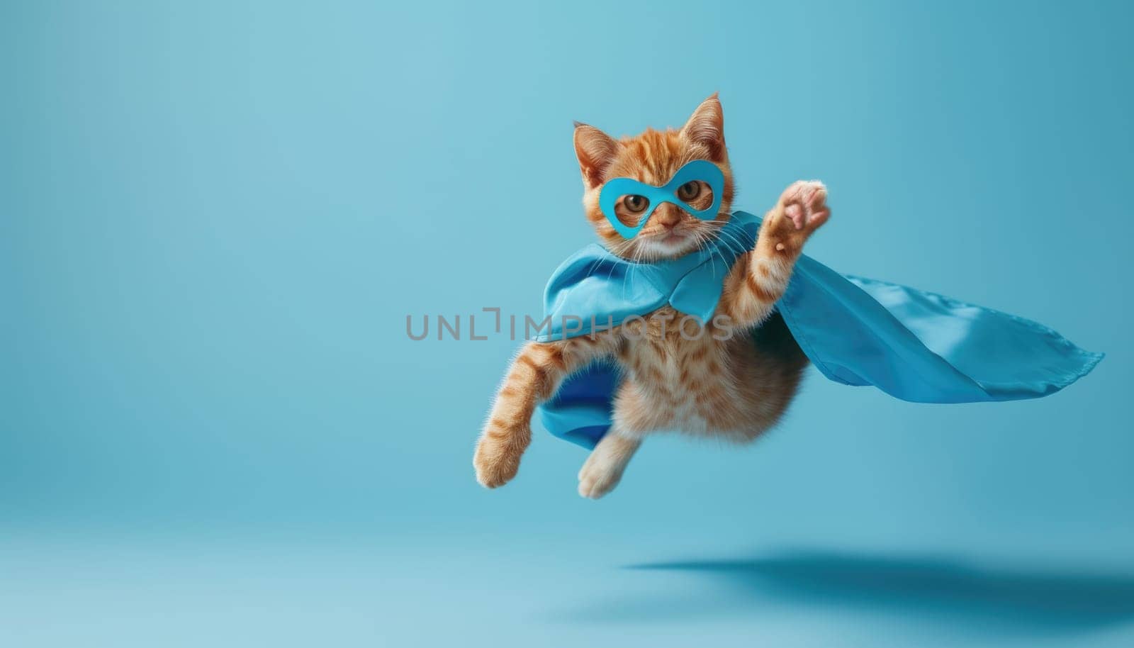 A cat wearing a blue cape and blue mask is flying through the air by AI generated image.