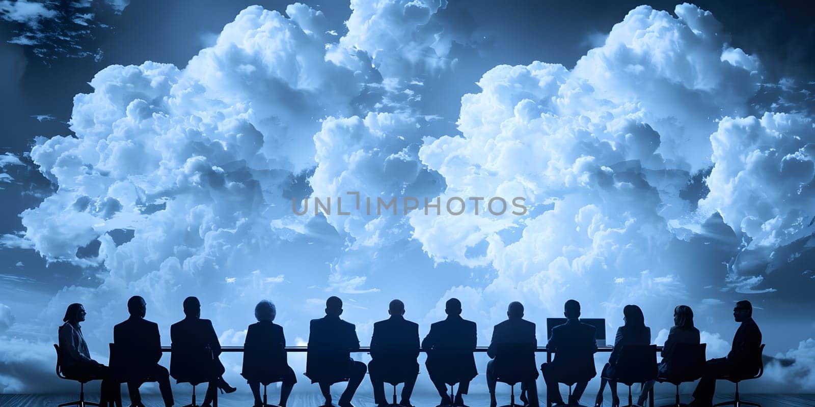 A crowd is sitting at a table under the cloudy sky, gesturing towards the world above. They seem ready to travel by aircraft over water and explore new horizons