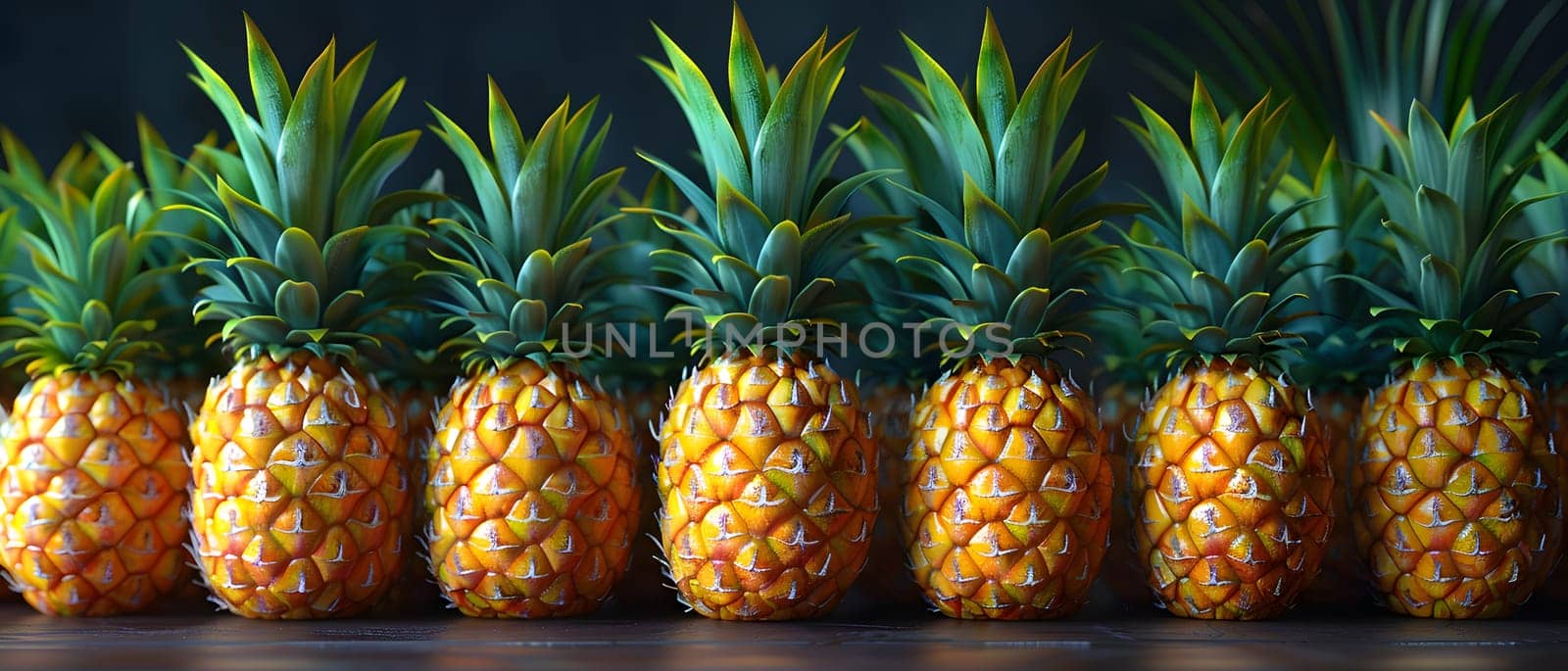 Ananas are terrestrial plants that produce pineapples, a delicious and nutritious fruit. These natural foods are lined up in a row on a wooden table