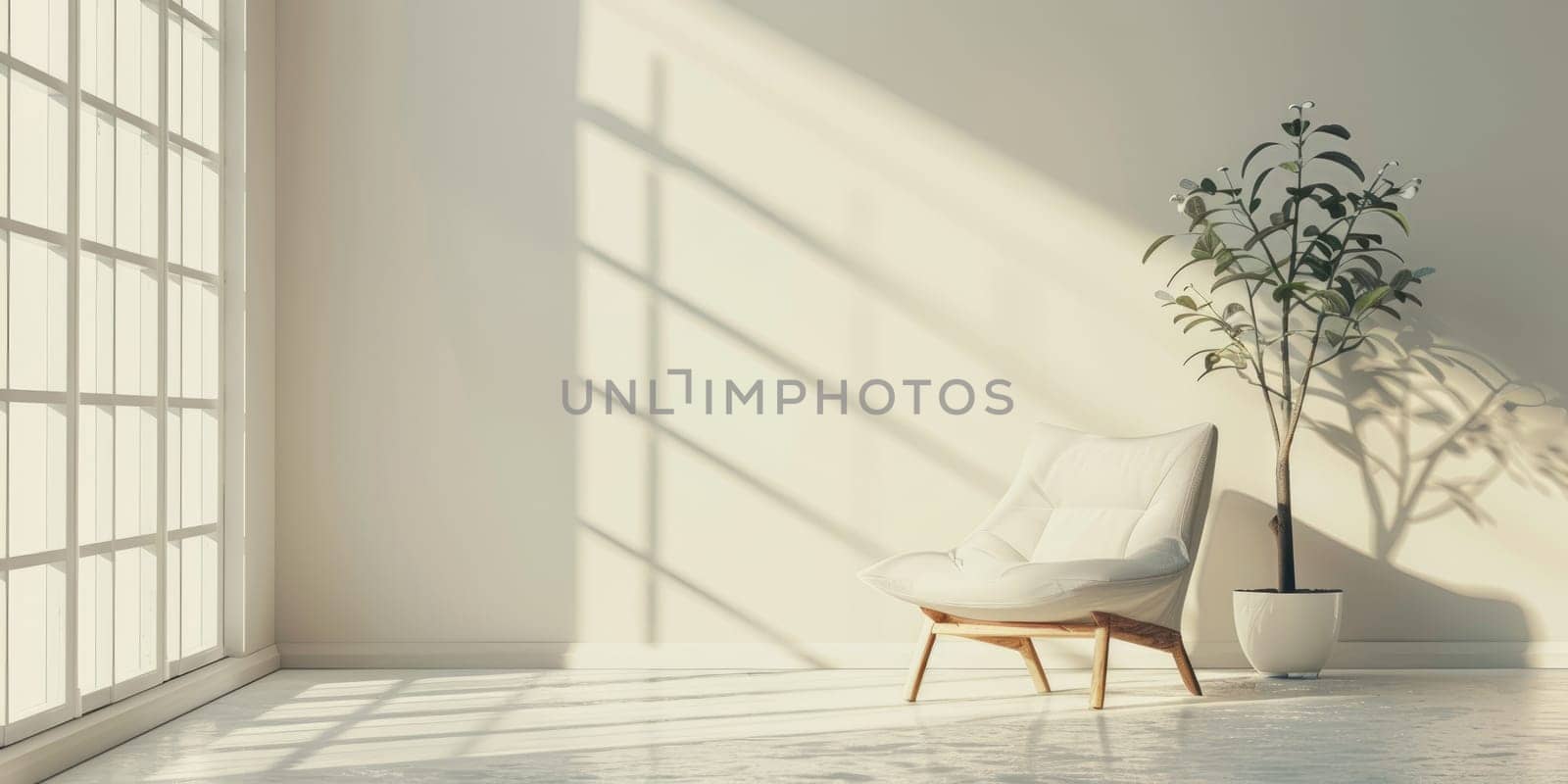 A white chair sits in front of a window with a potted plant. The room is bright and airy, with sunlight streaming in through the window. The chair and plant create a sense of calm and relaxation