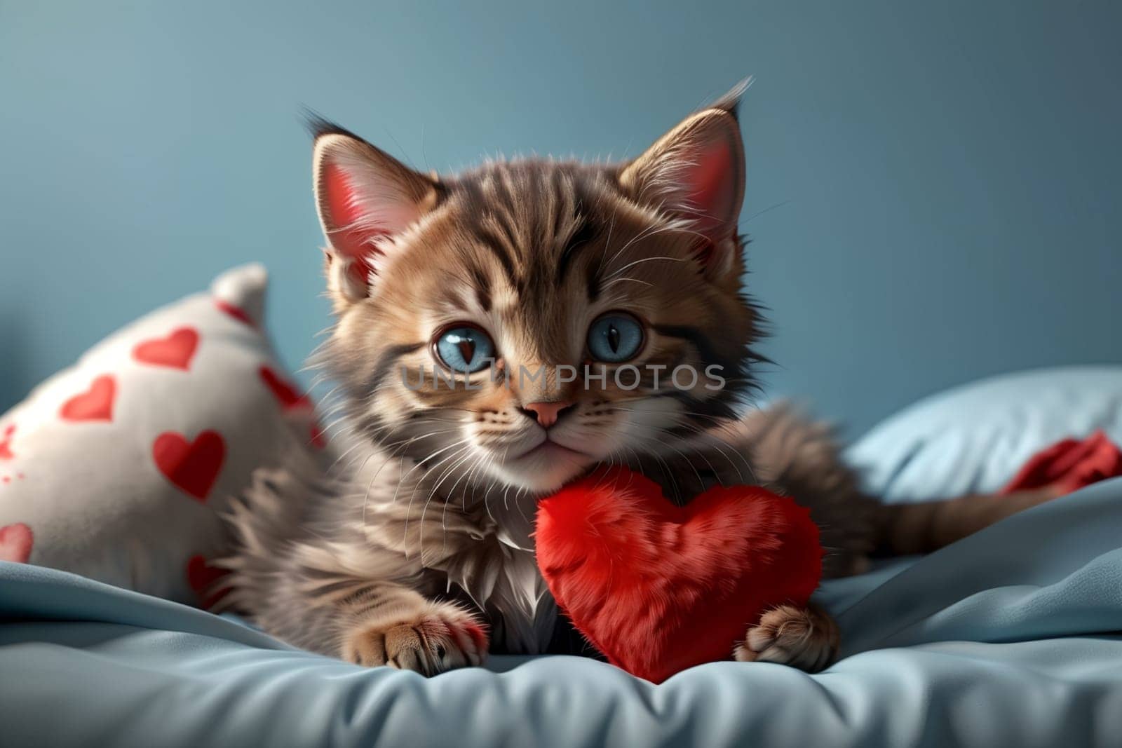 Cute kitten with red heart, isolated on blue background by Rawlik
