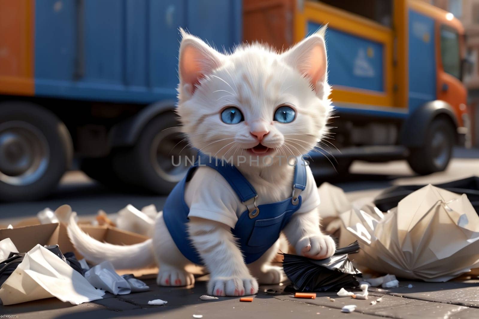 cat janitor cleaning up trash on the street .