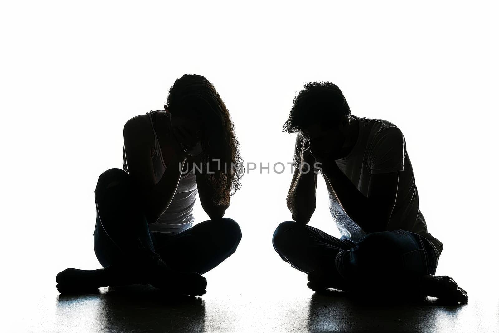 Two people are sitting on the floor, crying. Scene is sad and emotional