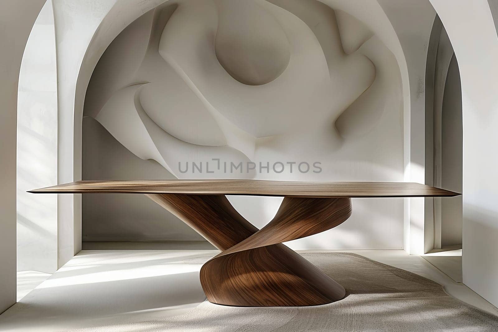 A wooden table with a spiral design sits in a room with white walls by itchaznong