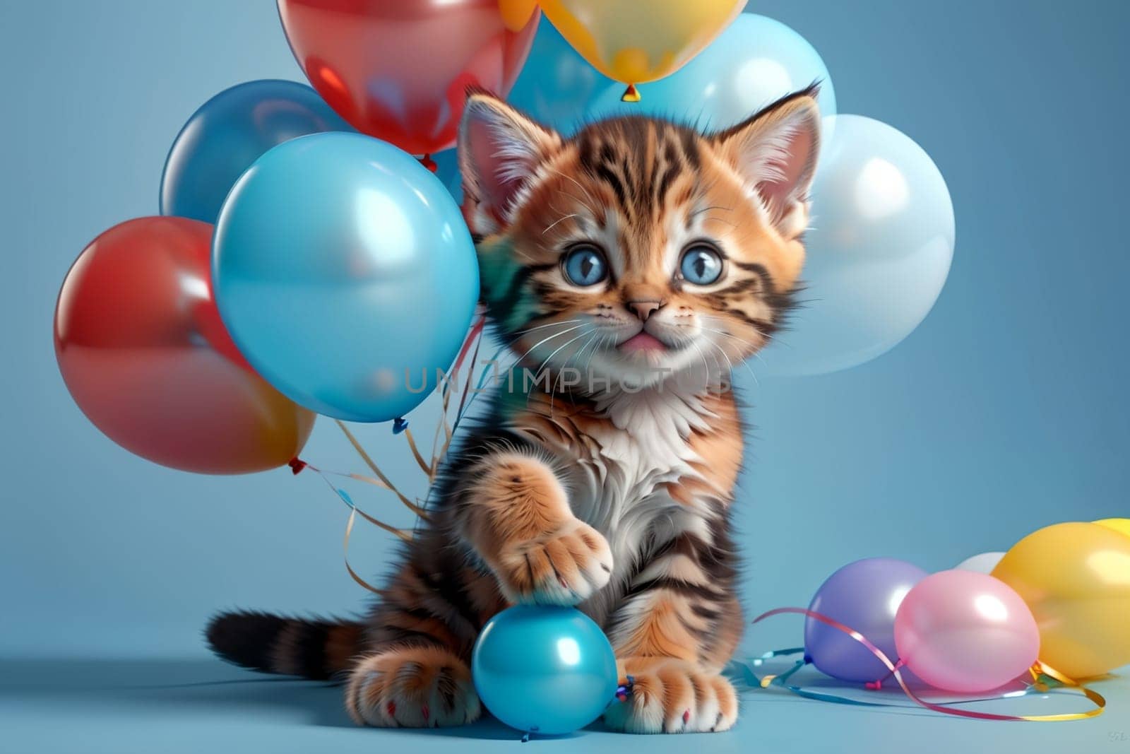 cute kitten with colorful balloons, isolated on blue background .