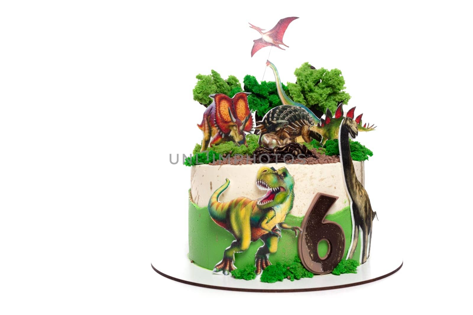 This birthday cake is decorated with colorful dinosaurs and birds. The dinosaurs are roaring and the birds are flying around them. The cake is a vibrant display of prehistoric and avian themes.