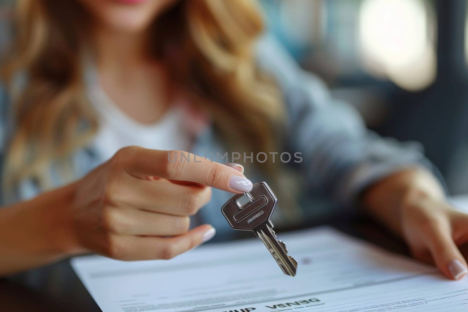 A woman is holding a key in her hand and pointing to a piece of paper by itchaznong