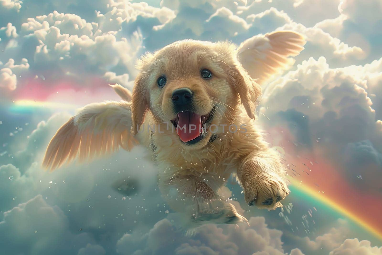A small dog is flying through the sky with a rainbow in the background. Scene is joyful and playful, as the dog is having a great time soaring through the clouds