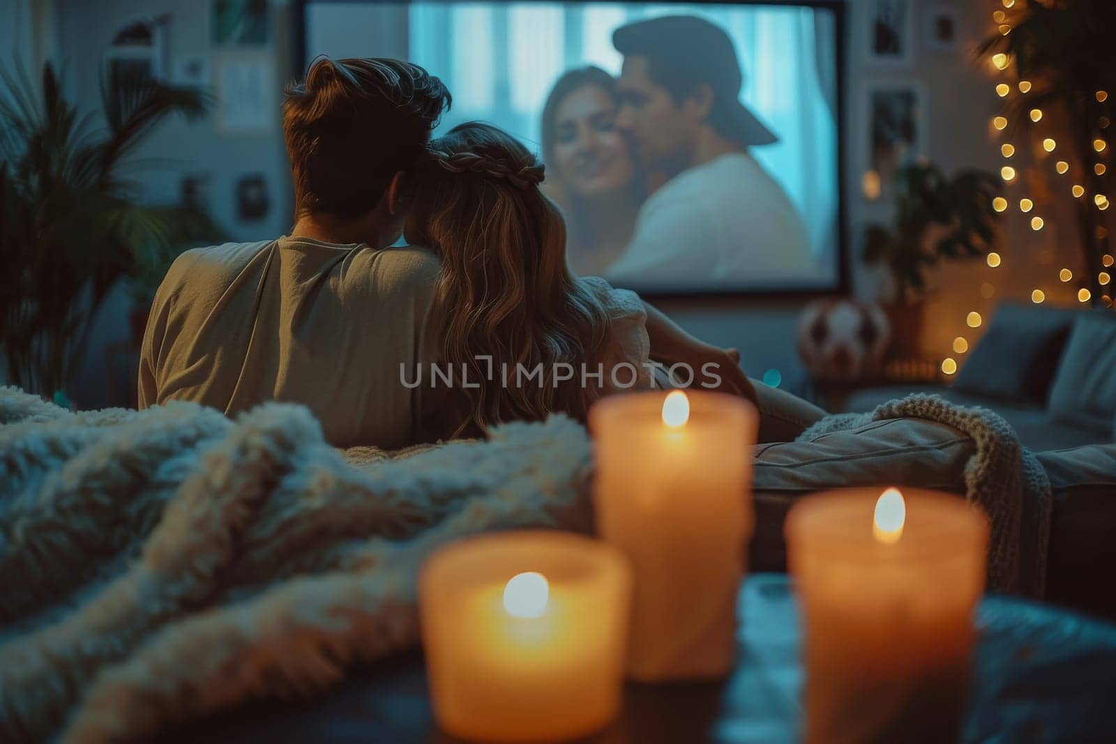 A couple is sitting on a couch in front of a television by itchaznong