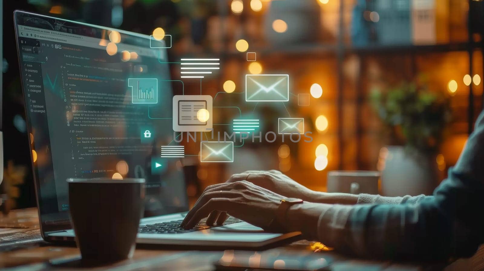 A person is typing on a laptop with a cup of coffee next to them. The laptop screen is filled with various icons and messages, including emails and a book. Concept of productivity and focus