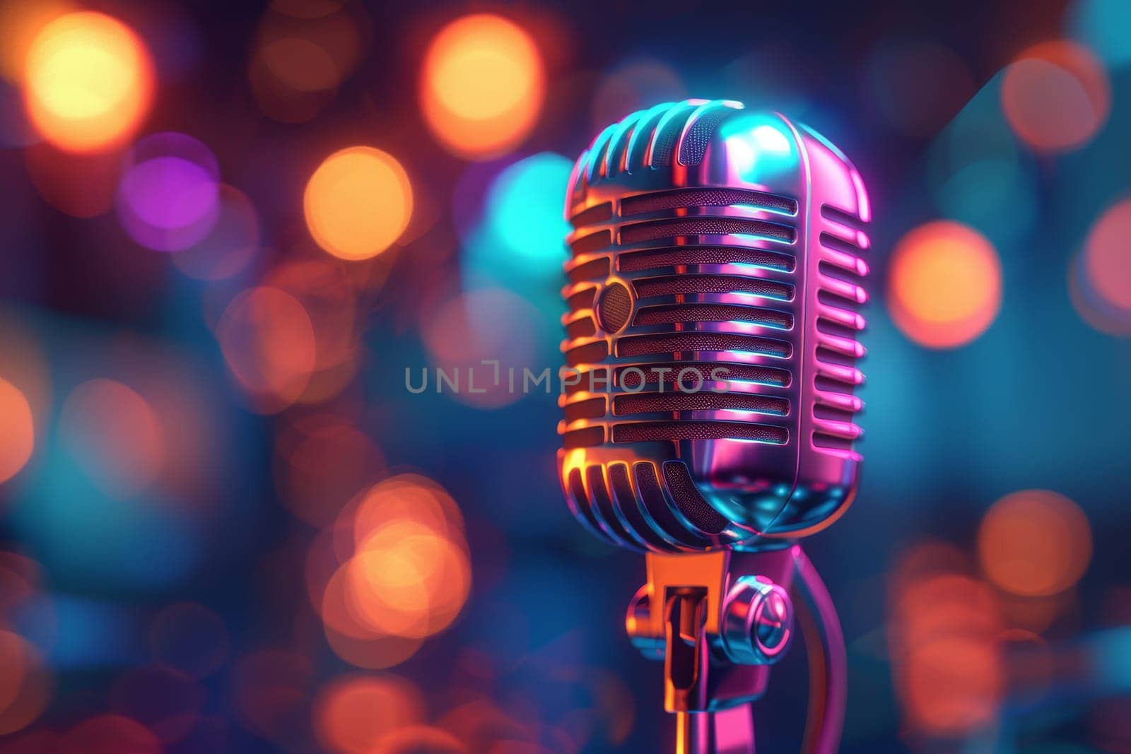A microphone is on a colorful background. The microphone is silver and has a black cord. The background is a mix of colors, giving the image a lively and energetic feel