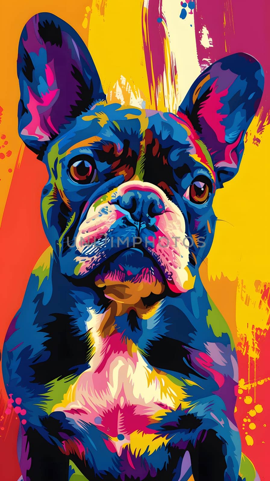 A vibrant painting featuring a French Bulldog on a colorful background. This carnivorous mammal is depicted in pink hues, showcasing its role as a working and companion dog