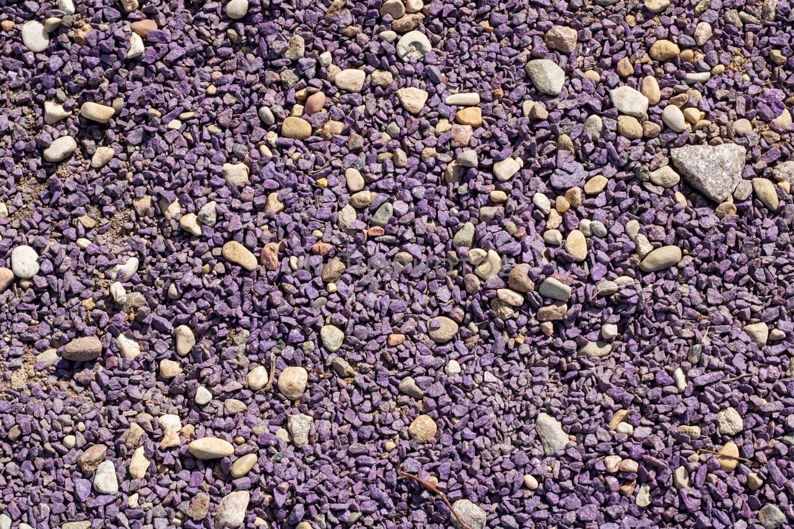 A mixture of purple gravel, rocks, and pebbles is scattered on the ground, blending with the asphalt road surface and soil, creating a unique texture