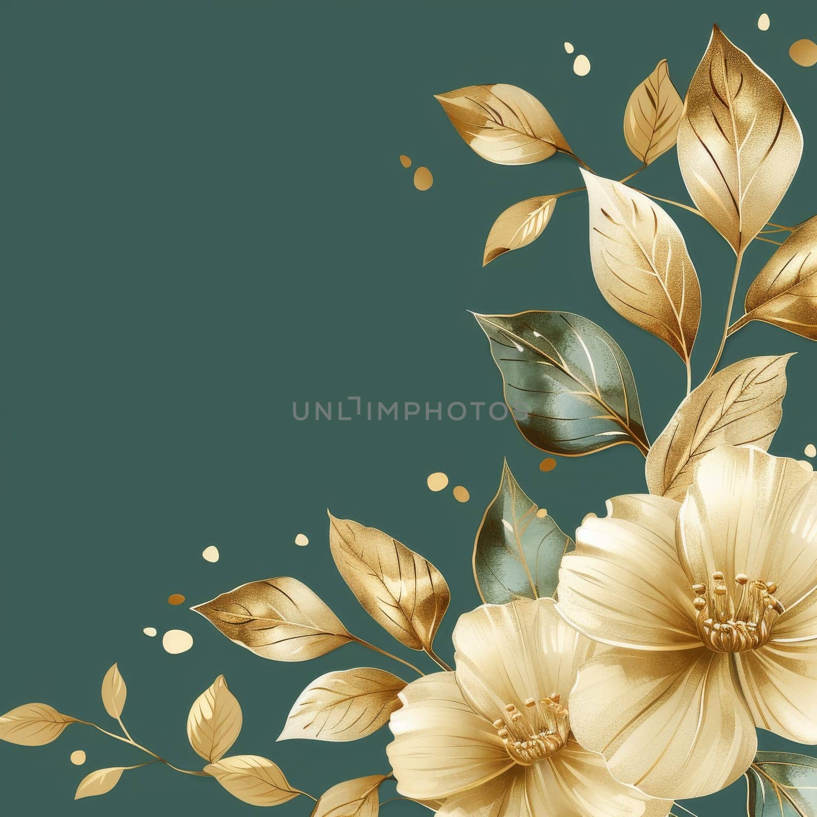 A gold and green flower with leaves is on a green background.