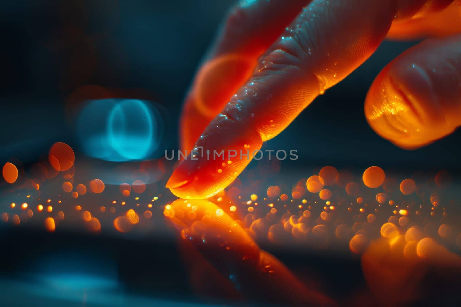 A hand is pointing at a screen with a blurry background. Concept of focus and attention, as the hand is drawn to the screen. The blurry background adds a sense of depth and movement to the scene