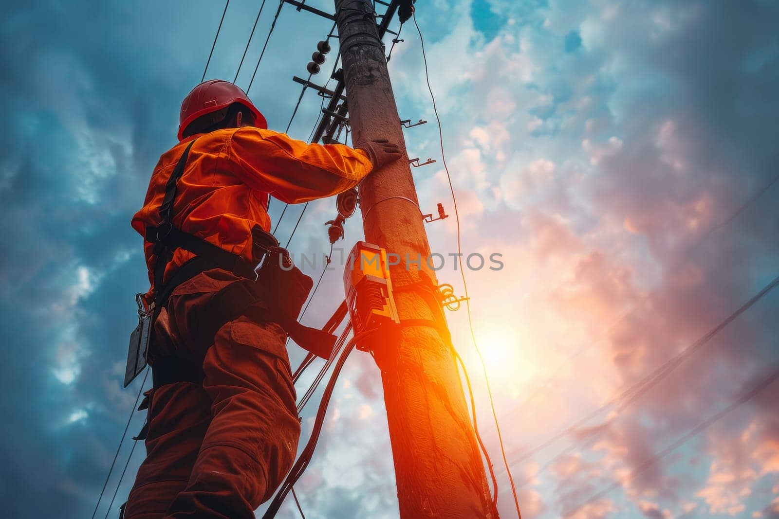 A man in an orange safety vest is working on a power line. The sky is blue and there are clouds in the background