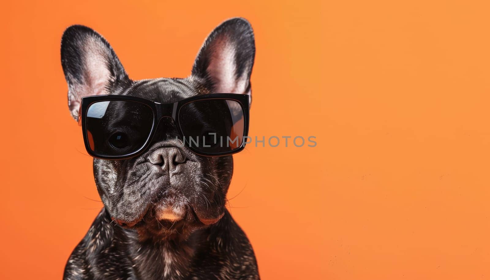 A dog wearing sunglasses and standing in front of an orange background. The dog appears to be posing for a photo, and the sunglasses give it a cool and stylish look