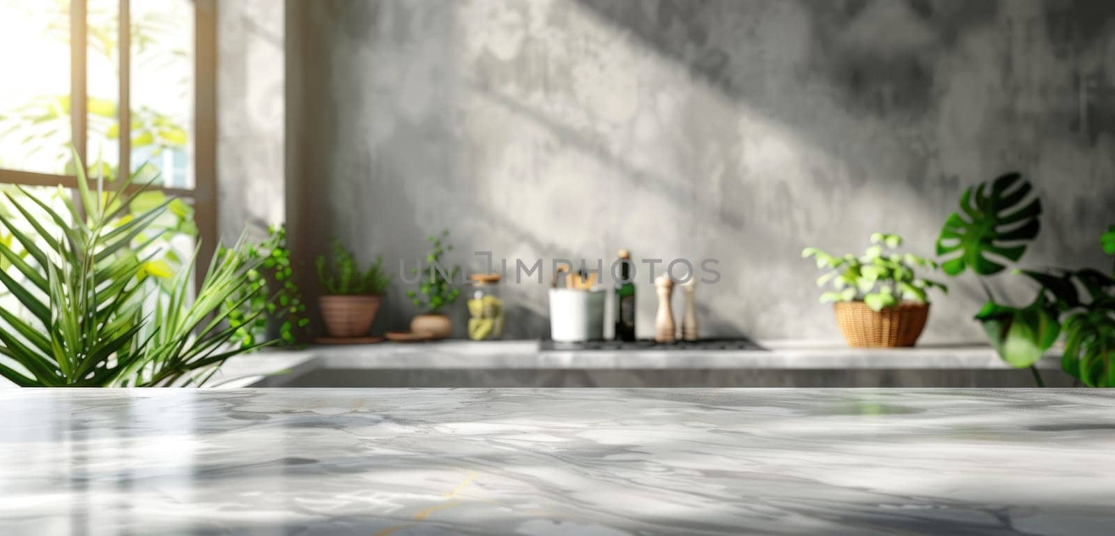 A kitchen with a countertop and a plant on it by AI generated image.