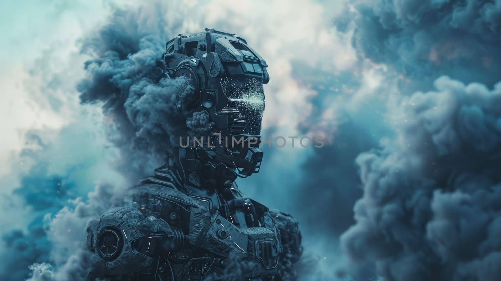 A robot is standing in a cloud of smoke. The robot is wearing a helmet and has a metallic appearance. The smoke is thick and dark, giving the scene a mysterious and ominous mood