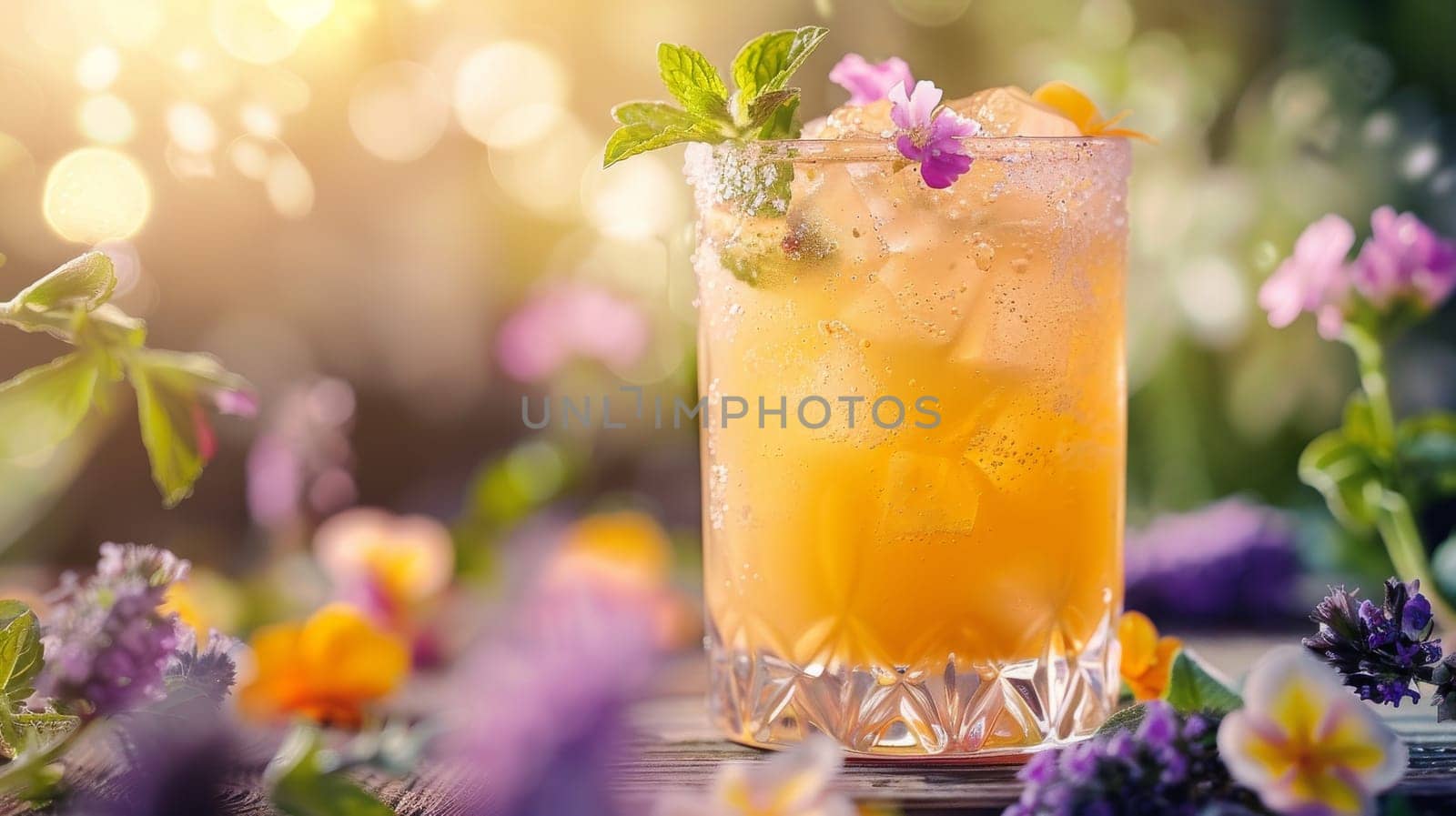 A glass of a drink with a flower garnish on top. The drink is yellow and has a mint garnish