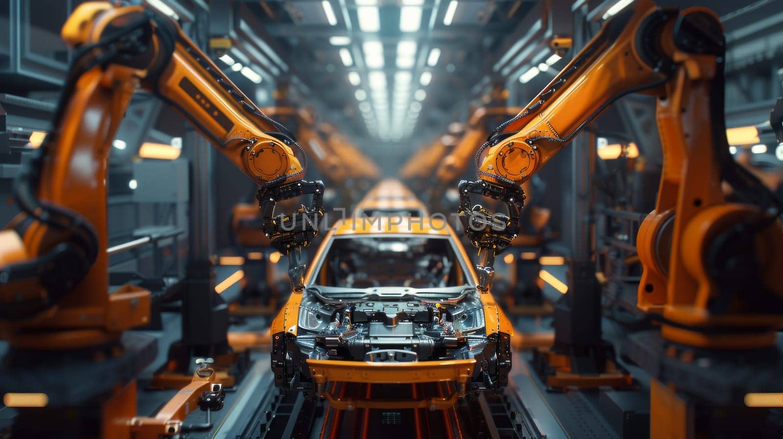 A car is being built in a factory with many robots working on it. The car is yellow and has a shiny finish. The robots are moving around the car, putting it together piece by piece