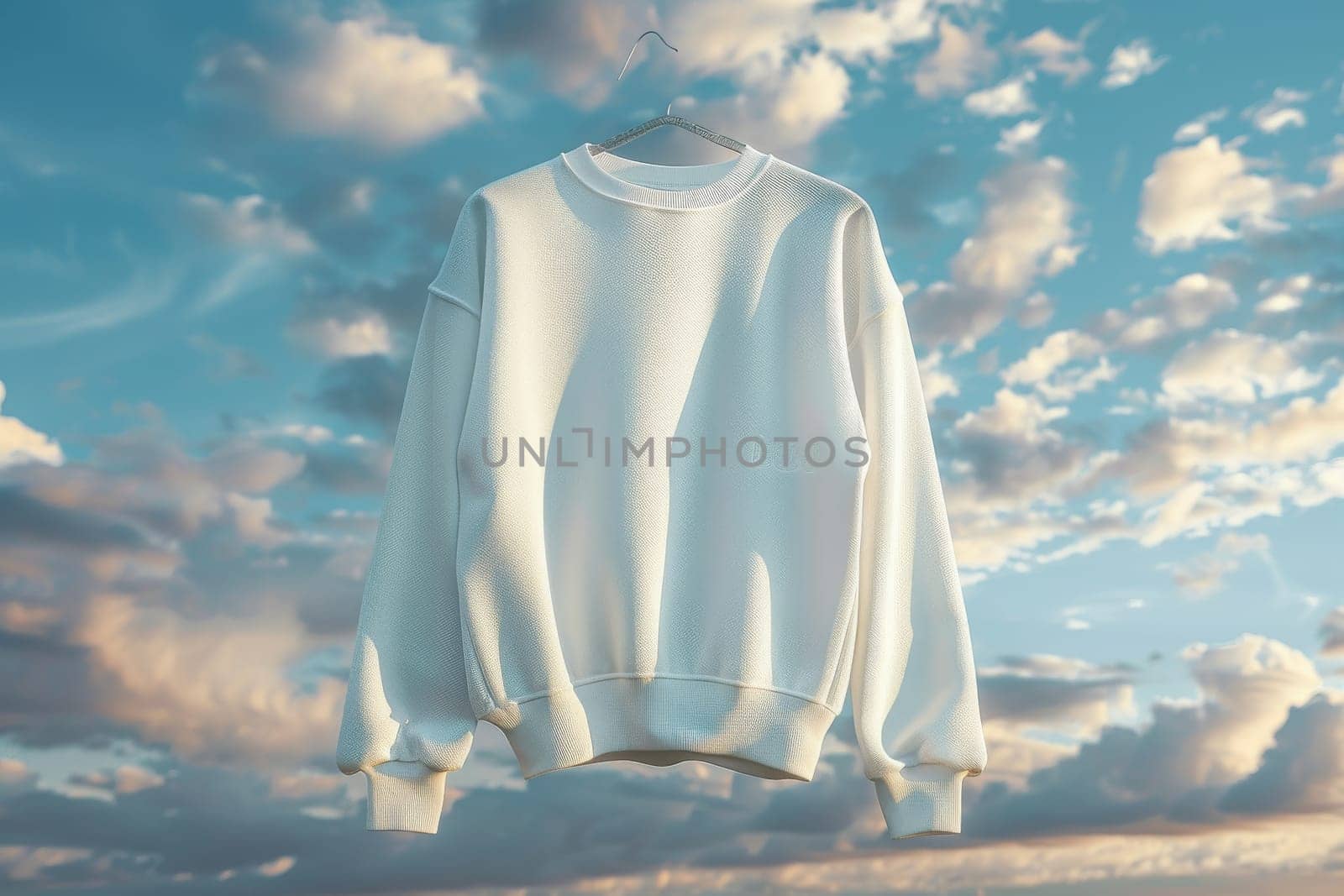 A white sweater with a leopard print design is displayed in a blue sky by itchaznong