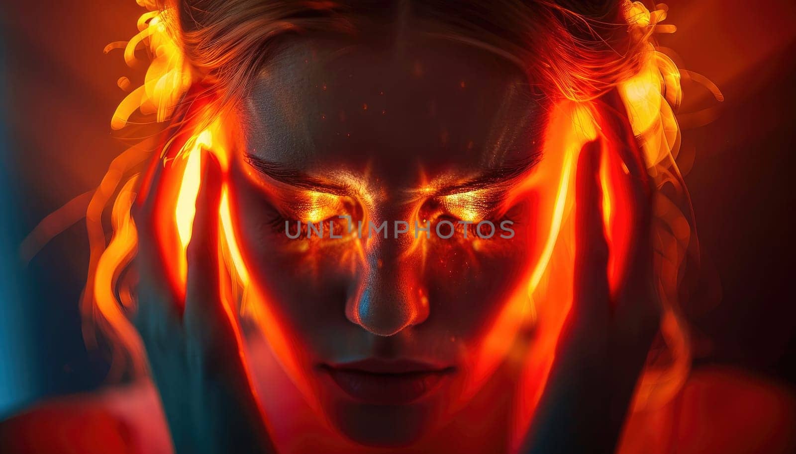 A woman's face is lit up with a bright orange glow by AI generated image by wichayada