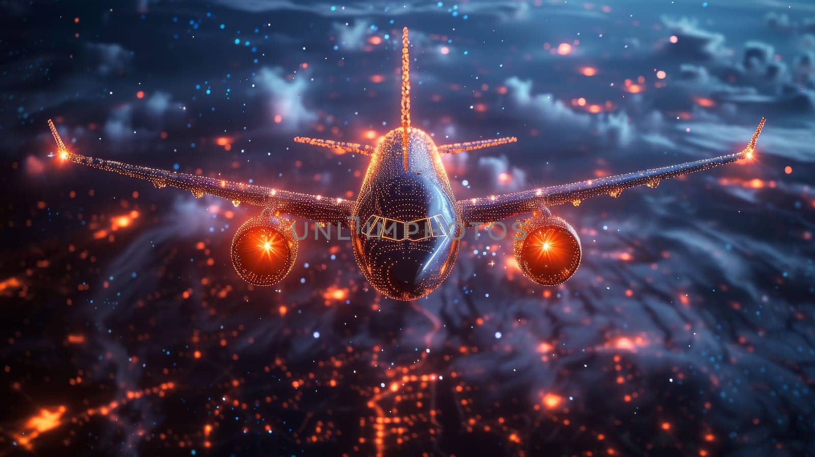 A plane is flying through a city at night with a bright orange sun in the background. The sky is filled with glowing lights, creating a surreal and dreamlike atmosphere