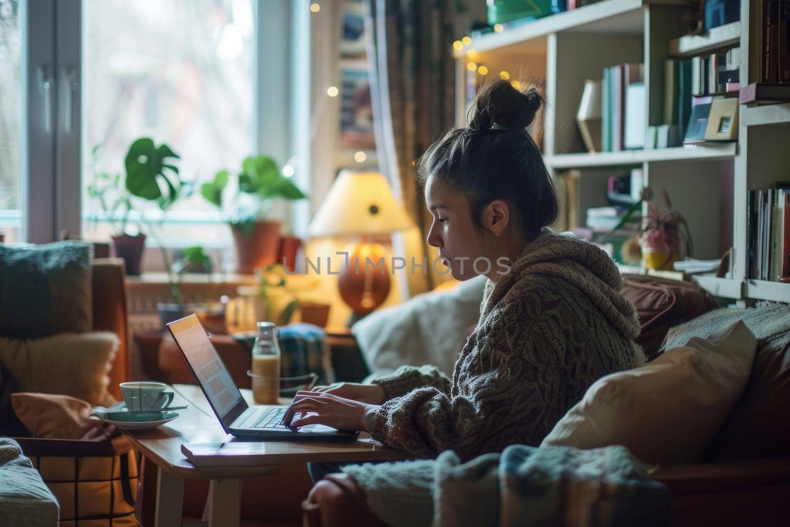 A woman is sitting on a couch with a laptop in front of her by AI generated image.