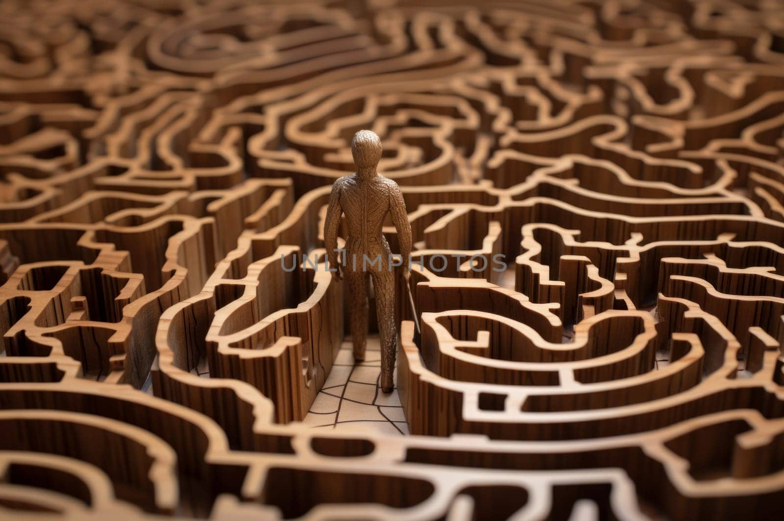Unsure Lost man in wooden tangled maze. Confused disoriented guy in the middle of labyrinth. Generate ai
