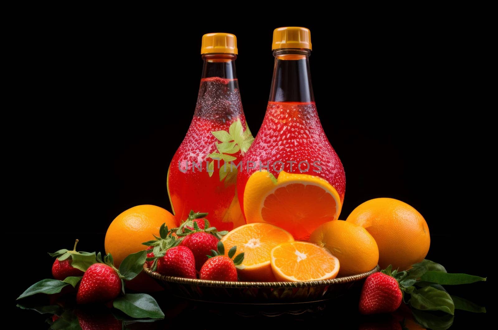 Two bottles of sparkling fruit drinks surrounded by fresh oranges, strawberries, and mint on a dark background