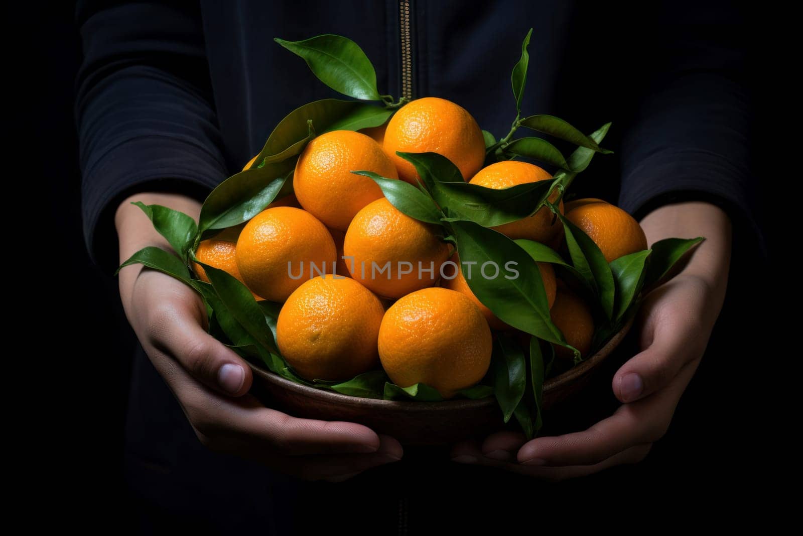 Bright Mandarin fruits hands. Food winter farm. Generate Ai