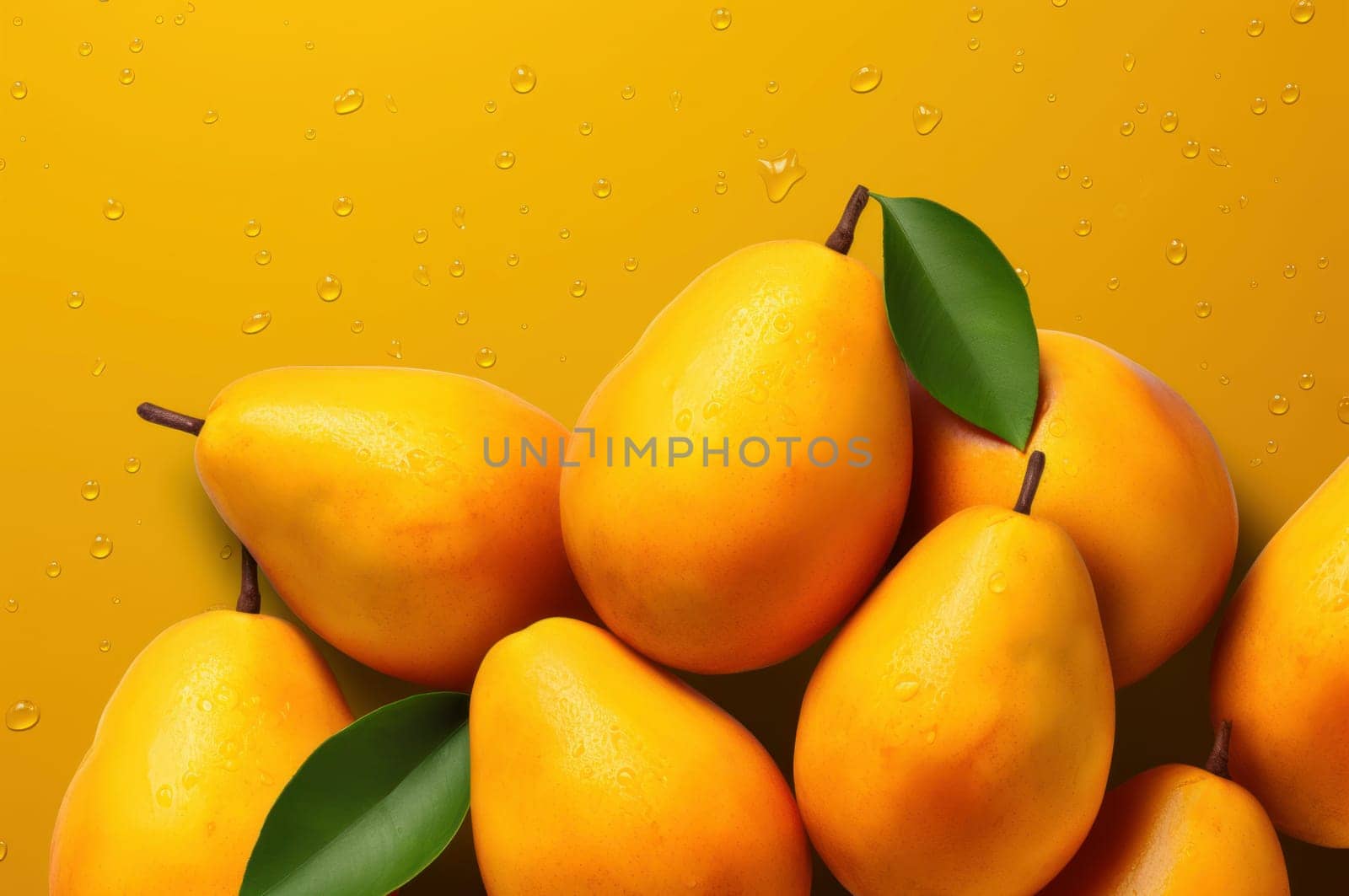 Fresh ripe mangoes on vibrant yellow background by ylivdesign