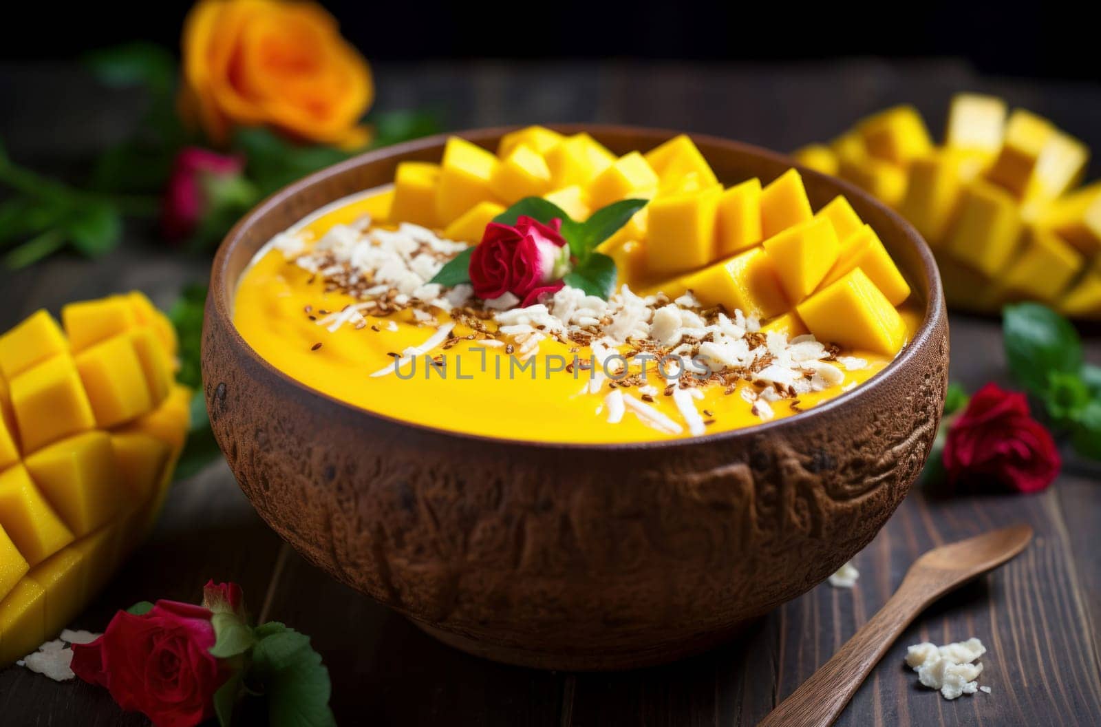 Creamy Mango smoothie bowl tropical. Passion banana. Generate Ai