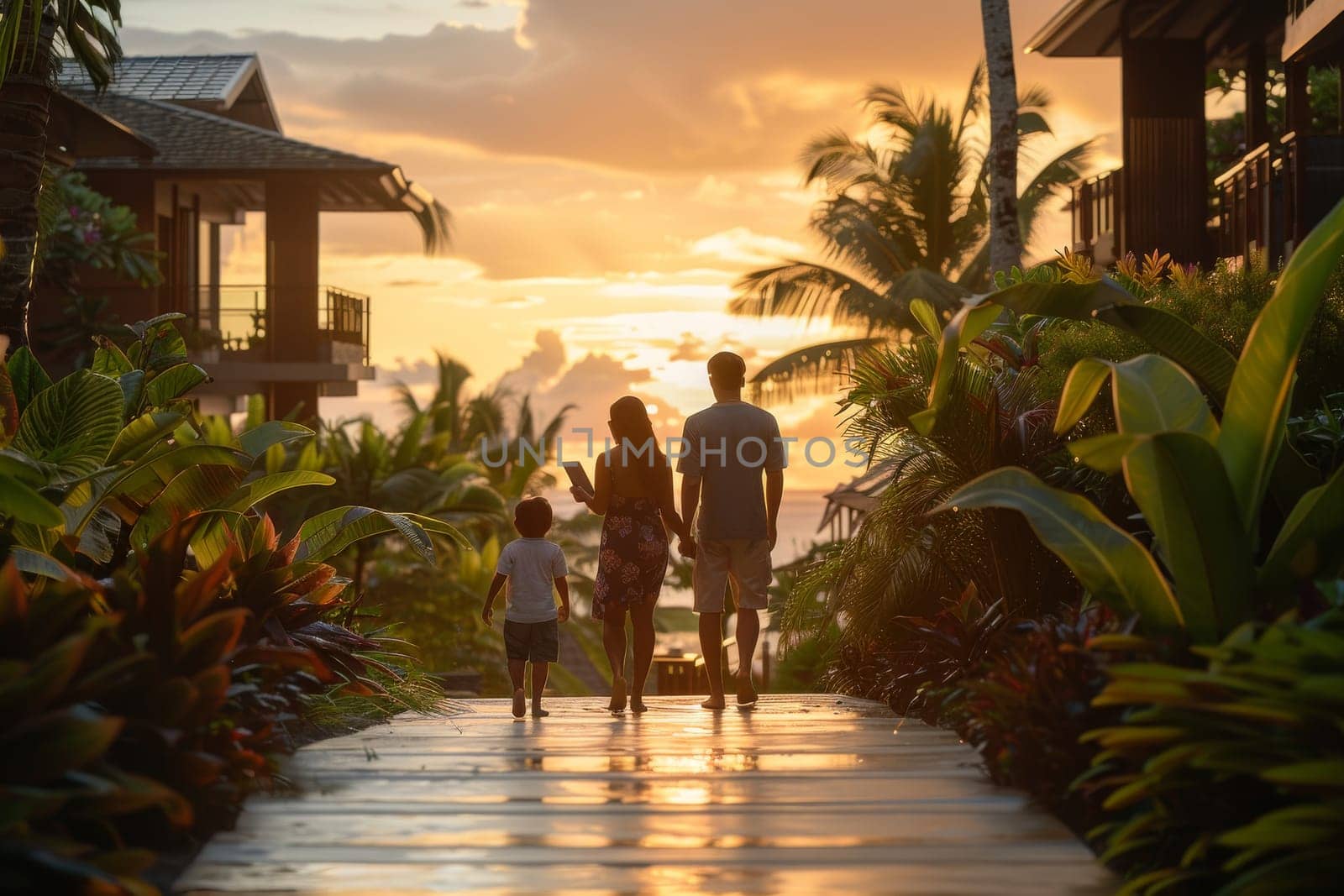 A family walks down a path in a tropical garden. The sun is setting, casting a warm glow over the scene. The family is enjoying a leisurely stroll, taking in the beauty of the garden