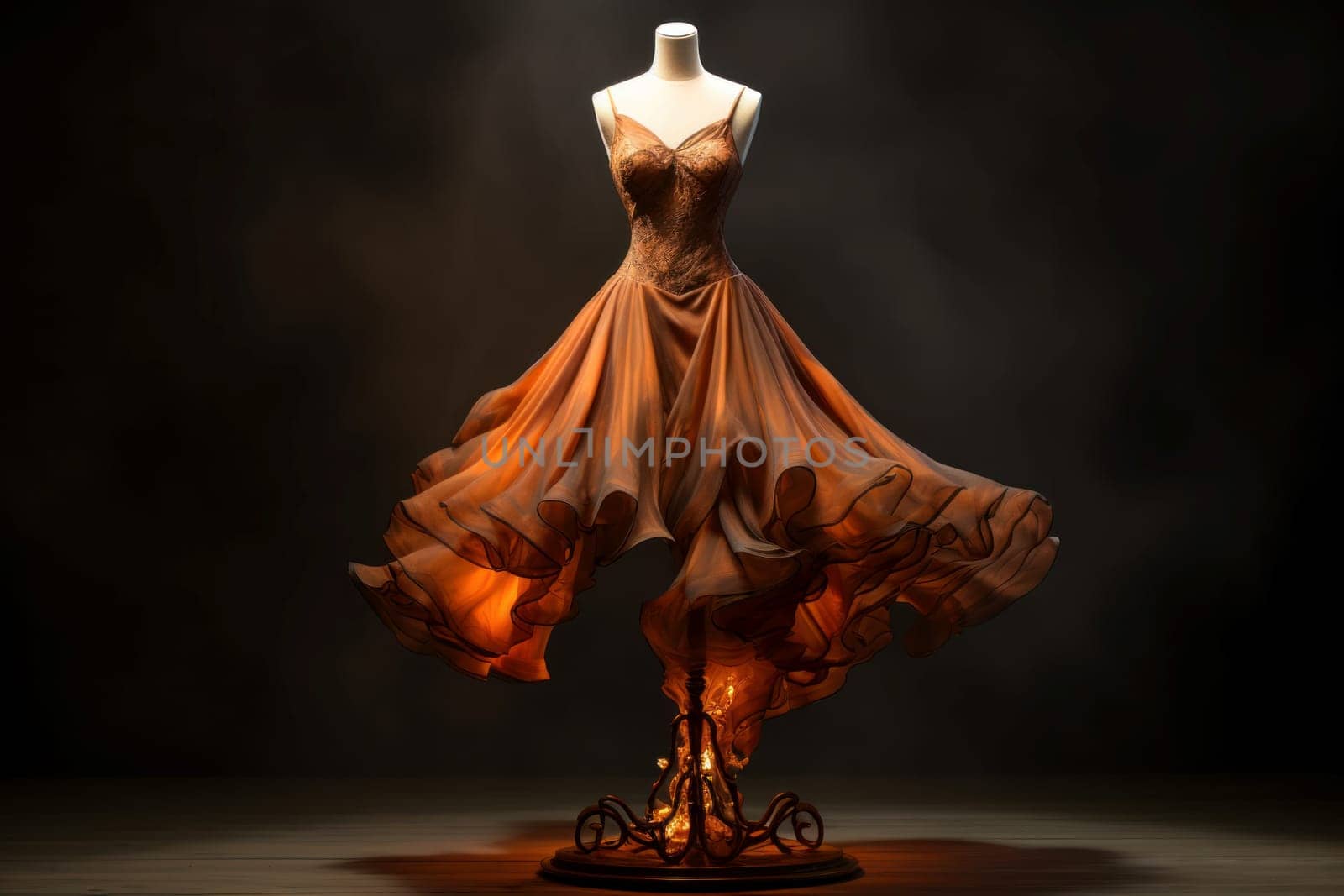 Stunning shot of a flowing dress on a mannequin, capturing the essence of motion on a dark backdrop