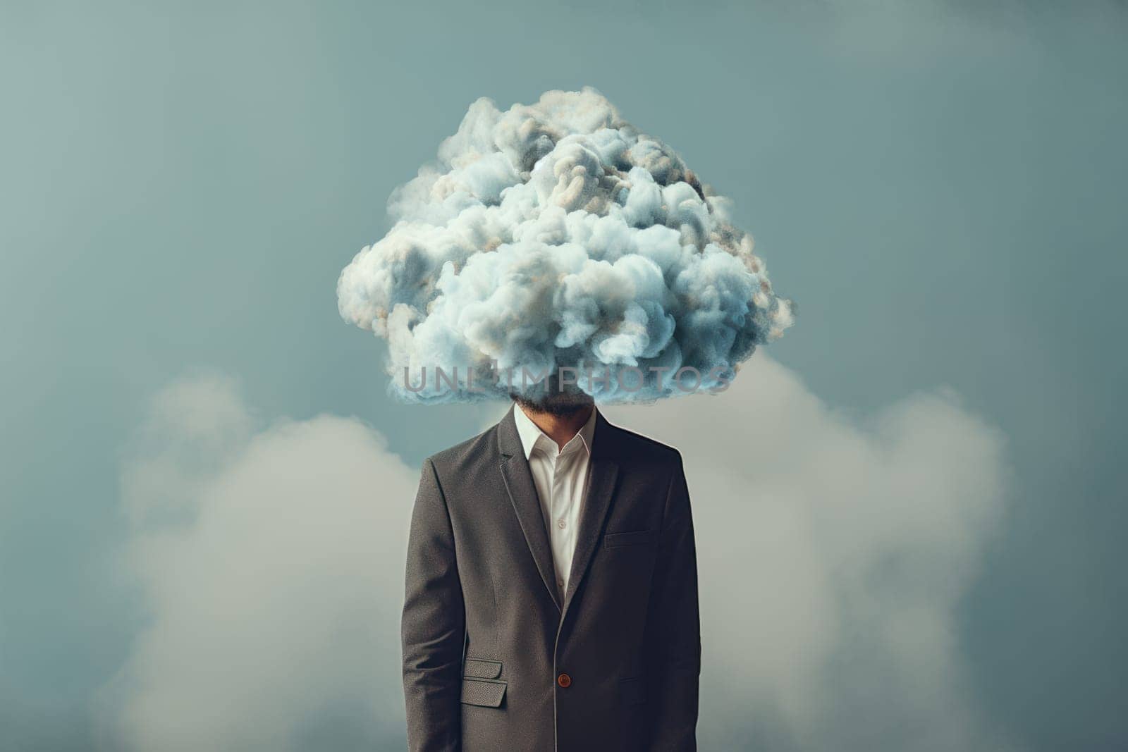 Creative image depicting a man in a suit with a cloud for a head, symbolizing imagination