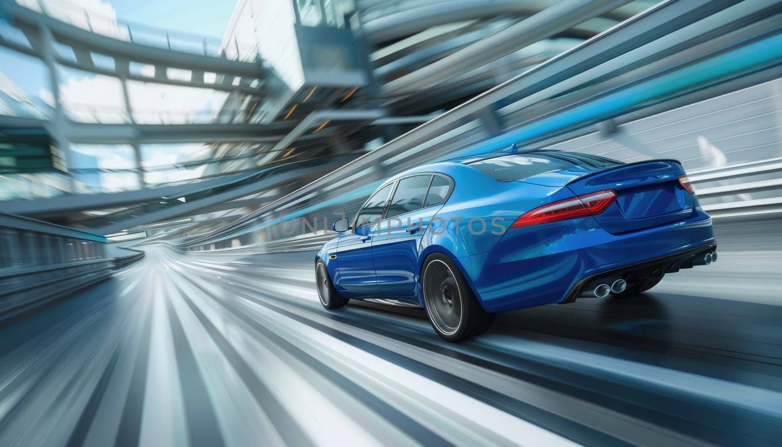 A blue sports car is driving down a highway by AI generated image by wichayada