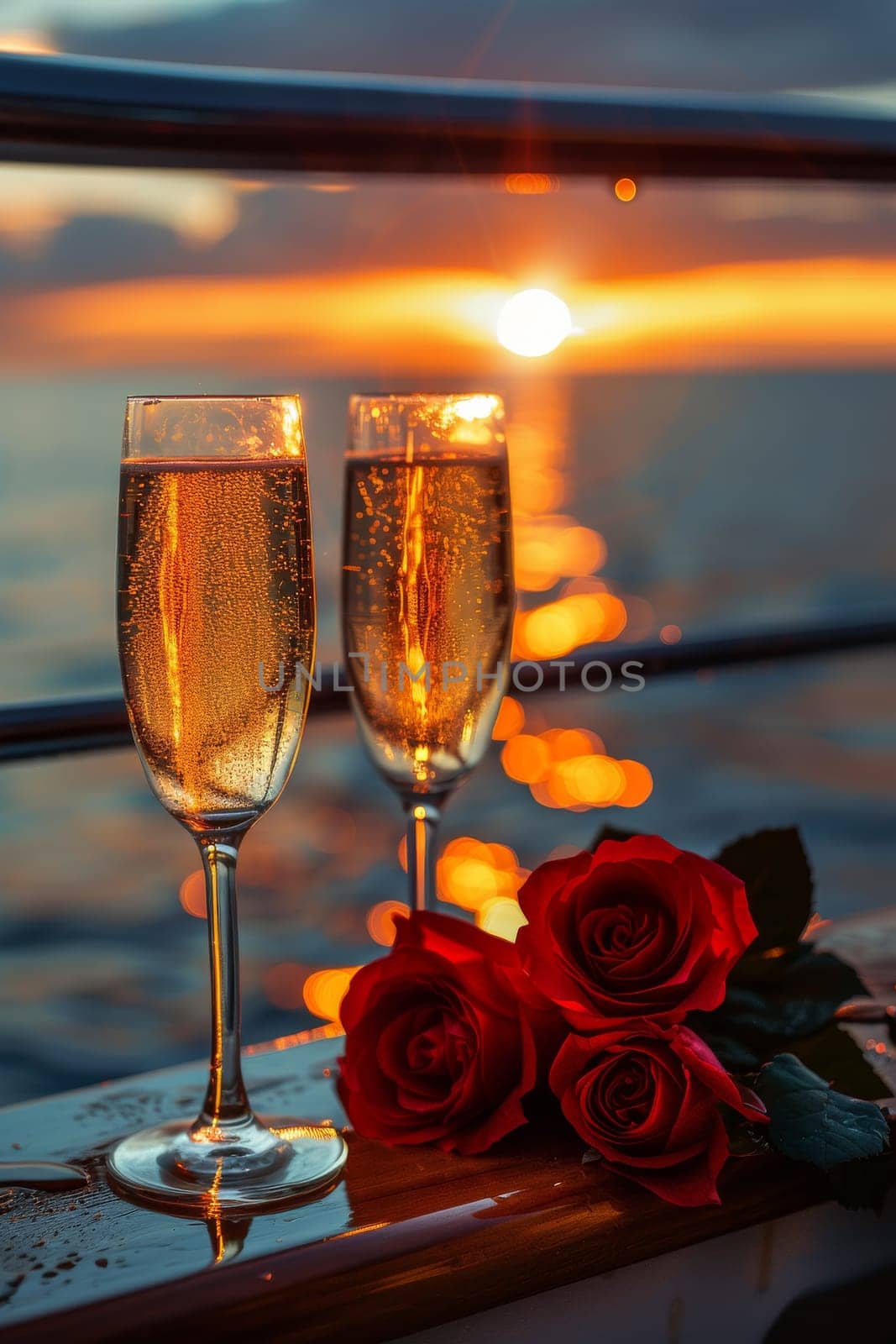 Two champagne flutes with red roses on top, one on the left and one on the right.