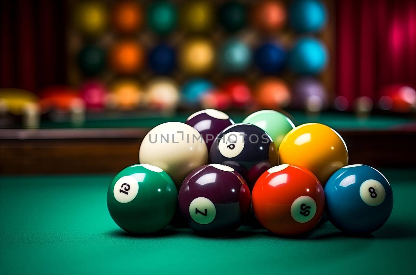 Glossy Many colorful billiard balls and cue. Generate Ai by ylivdesign