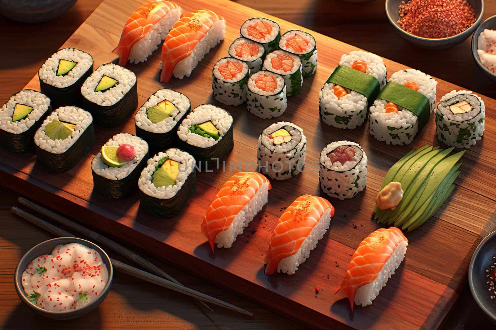 Artful Intricate Platter sushi rolls. Seafood meal. Generate Ai