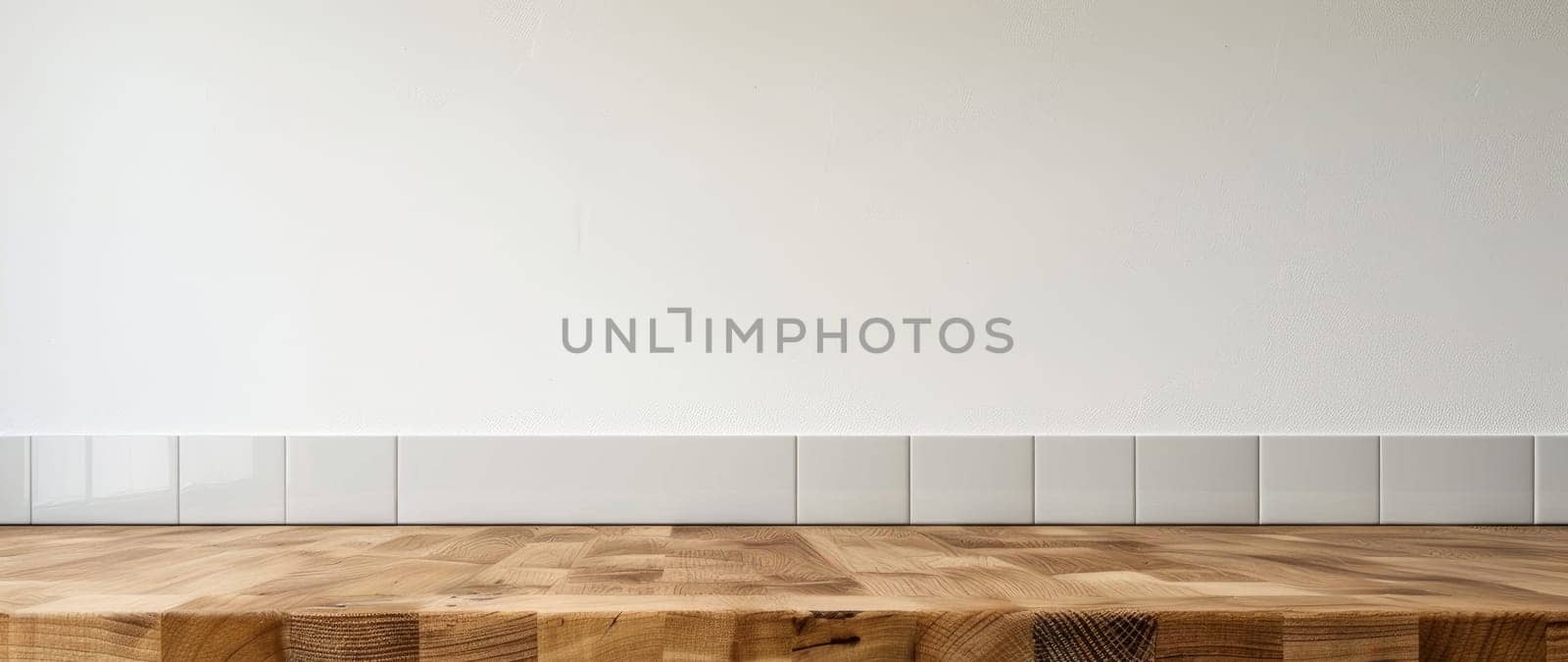 A wooden table with a white wall behind it by AI generated image.