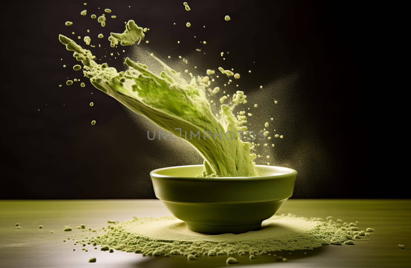 Dynamic splash of a green smoothie captured against a dark background