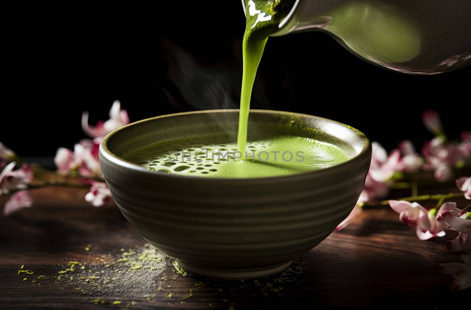 Aromatic Matcha tea poured. Generate Ai by ylivdesign