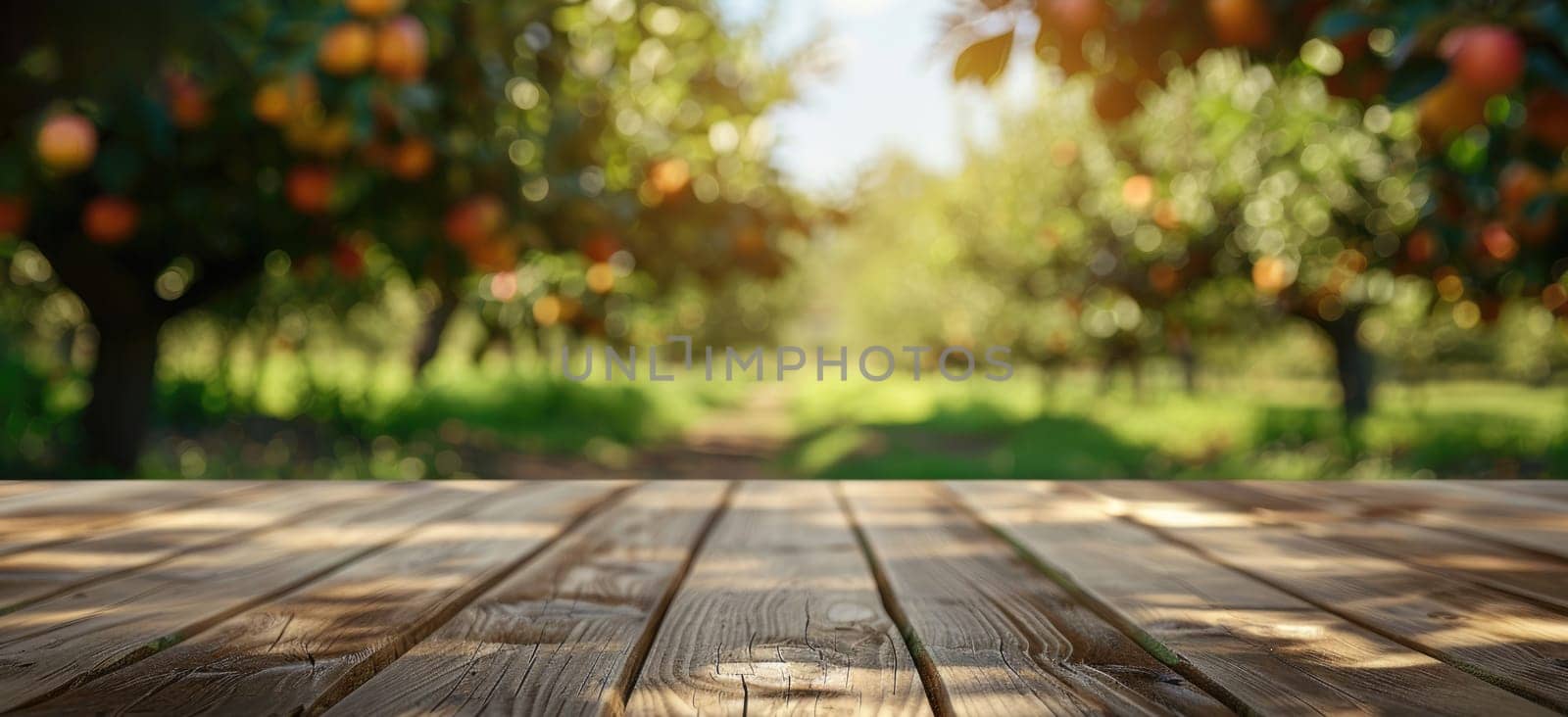 A row of trees with apples hanging from them by AI generated image by wichayada